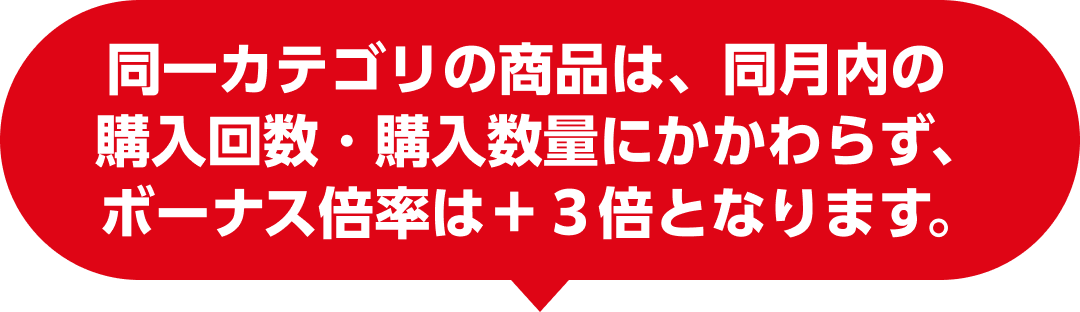 同一カテゴリの商品は、同月内の 購入回数・購入数量にかかわらず、 ボーナス倍率は＋３倍となります。