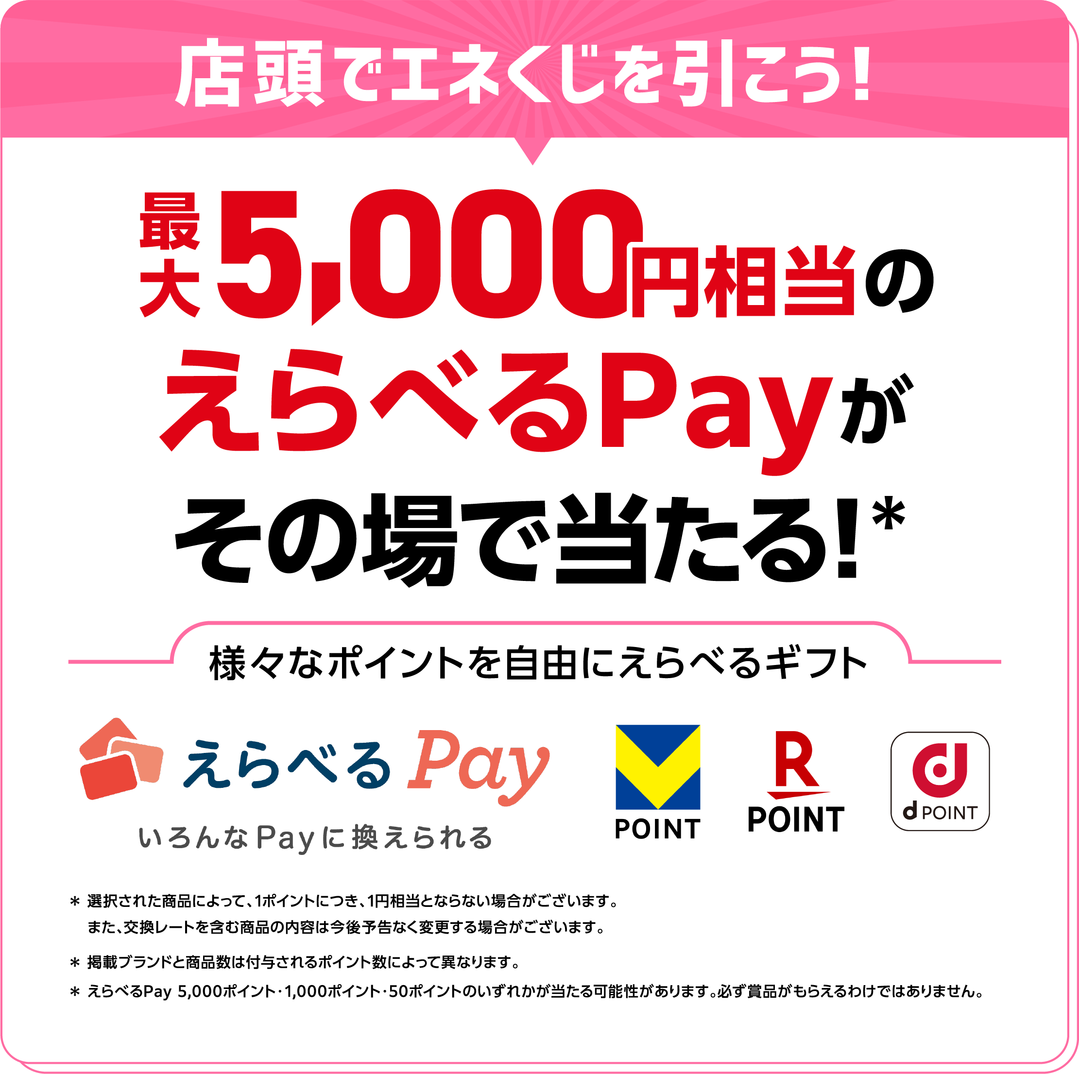 店頭でエネくじを引こう！最大5000円相当のえらべるPayがその場で当たる！
