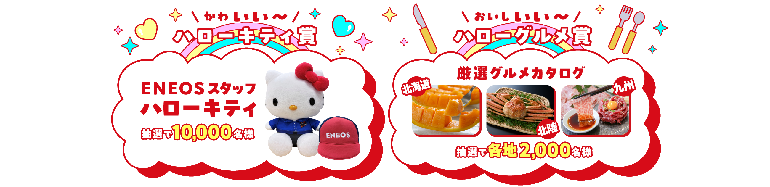 かわいい～ハローキティ賞 ENEOSスタッフハローキティ 抽選で10,000名様 おいしいい～ハローグルメ賞 厳選グルメカタログ 北海道 北陸 九州 抽選で各地2,000名様
